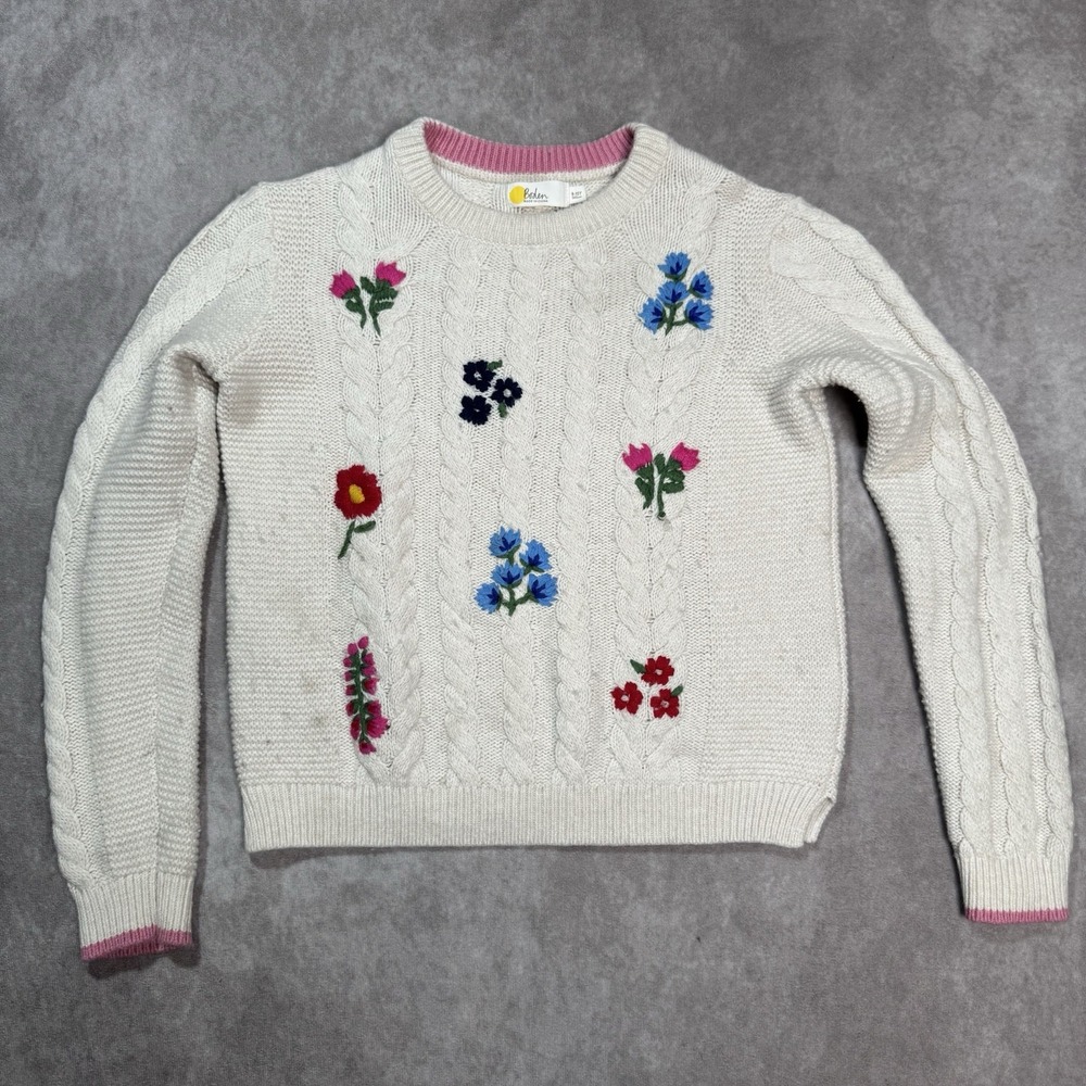 Mini Boden Girls Floral Embroidered Harriet Jumper Pullover Cable Knit Sz 9-10 Y